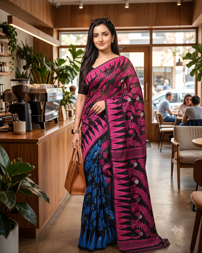 dB DESH BIDESH Women's Traditional Bengal Soft Cotton Silk Jamdani Sarees For Women Tentullata Design Cotton saree for woman Without Blouse piece | Ethnic Wear Sari (Pink Black Blue)