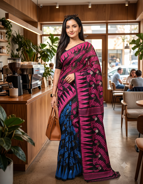 dB DESH BIDESH Women's Traditional Bengal Soft Cotton Silk Jamdani Sarees For Women Tentullata Design Cotton saree for woman Without Blouse piece | Ethnic Wear Sari (Pink Black Blue)
