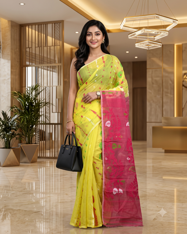 Yellow and Pink Jamdani Saree with Ethnic Motifs
