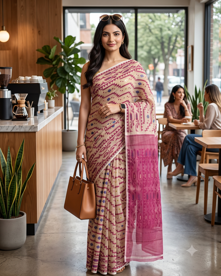 Cream Coloured & Magenta Woven Design Pure Cotton Jamdani Saree