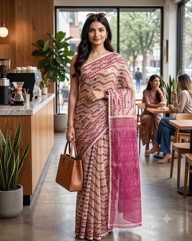 Cream Coloured & Magenta Woven Design Pure Cotton Jamdani Saree