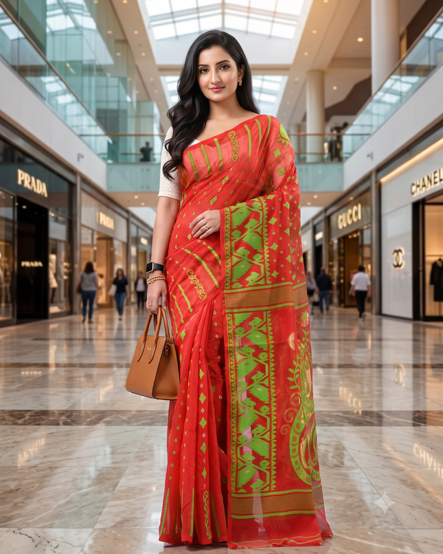 Floral Jamdani Saree: Elegant Red Green Woven Design Traditional Wear