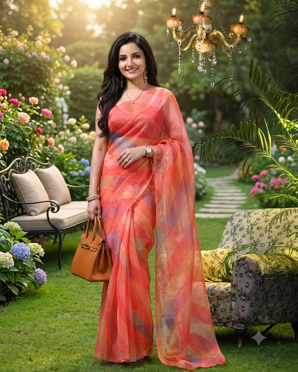 Women`s Printed Organza Saree Semi-Transparent Party, Wear weddings latest, Trending Strip Design sarees Fancy banarasi organza silk saree for Farewell Pink Sarees for Women