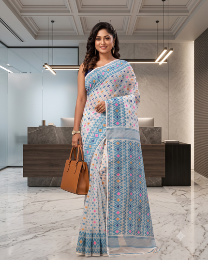 Hirokduti Resham Dhakai jamdani Bengal Pure Cotton Handloom Saree Whole Body Design without Blouse Piece