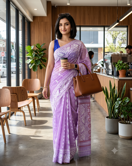 Exquisite Lavender Cotton Silk Blend Handloom Soft Golden Zari Jamdani Saree with Woven Design