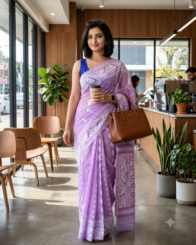 Exquisite Lavender Cotton Silk Blend Handloom Soft Golden Zari Jamdani Saree with Woven Design