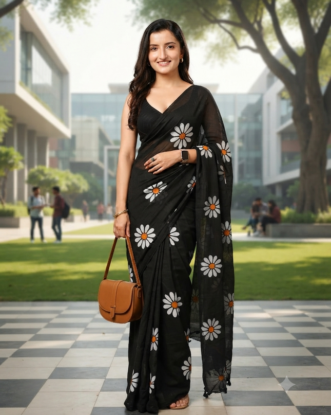 dB DESH BIDESH Women`s Mul Cotton Sarees Soft Fancy Phoolpari Latest, Design Party, Wear Cotton New Linen Saree For Woman With Blouse Piece (Black)