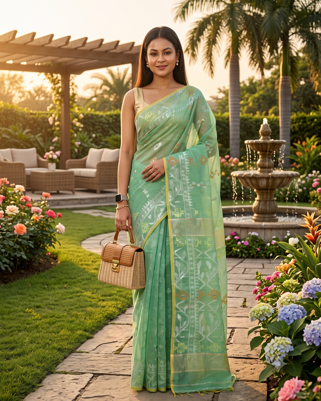 dB DESH BIDESH Women's Soft Cotton Silk Jamdani Sarees For Women for Party, Wear Linen Silk Saree Zarikatha Design Cotton saree for woman Without Blouse piece (Green)