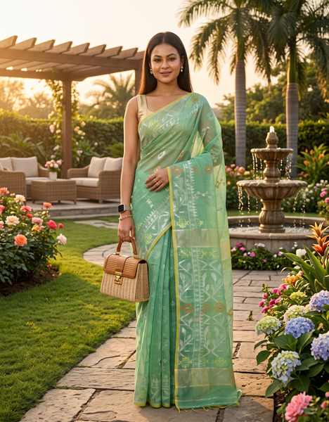 dB DESH BIDESH Women's Soft Cotton Silk Jamdani Sarees For Women for Party, Wear Linen Silk Saree Zarikatha Design Cotton saree for woman Without Blouse piece (Green)
