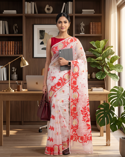 Kaveri Flower Design Dhakai jamdani Bengal Pure Cotton Handloom Saree Whole Body Design
