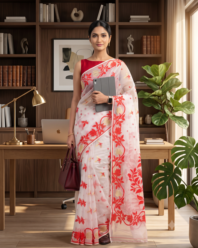 Kaveri Flower Design Dhakai jamdani Bengal Pure Cotton Handloom Saree Whole Body Design