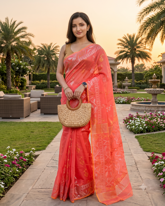 dB DESH BIDESH Women's Soft Cotton Silk Jamdani Sarees For Women for Party, Wear Linen Silk Saree Zarikatha Design Cotton saree for woman Without Blouse piece (Dark Orange)