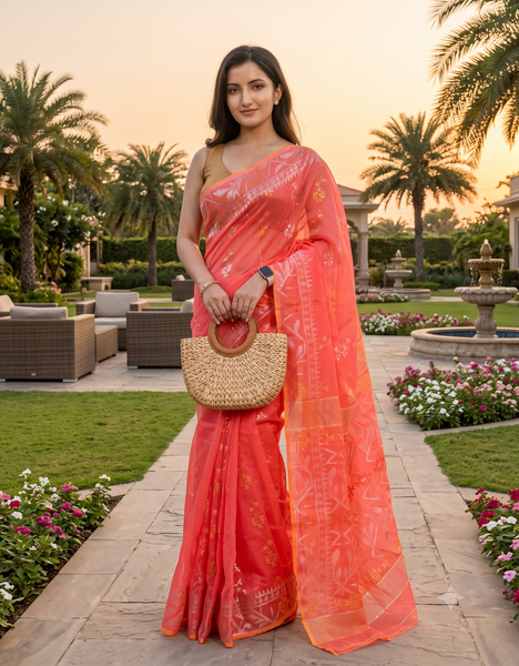 dB DESH BIDESH Women's Soft Cotton Silk Jamdani Sarees For Women for Party, Wear Linen Silk Saree Zarikatha Design Cotton saree for woman Without Blouse piece (Dark Orange)