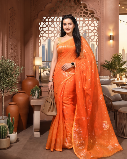 dB DESH BIDESH Women's Soft Cotton Silk Jamdani Sarees For Women for Party Festival Wedding Silk Saree GlamQueen Gold Work Design Without Blouse piece (Orange)