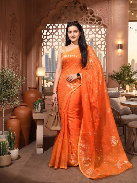dB DESH BIDESH Women's Soft Cotton Silk Jamdani Sarees For Women for Party Festival Wedding Silk Saree GlamQueen Gold Work Design Without Blouse piece (Orange)