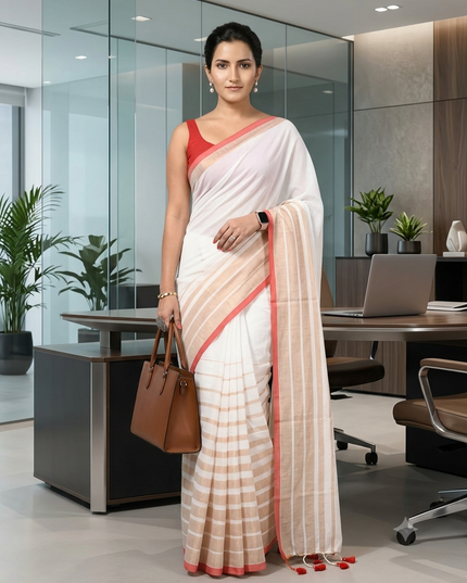 Linen Party Wear White Red Golden Saree