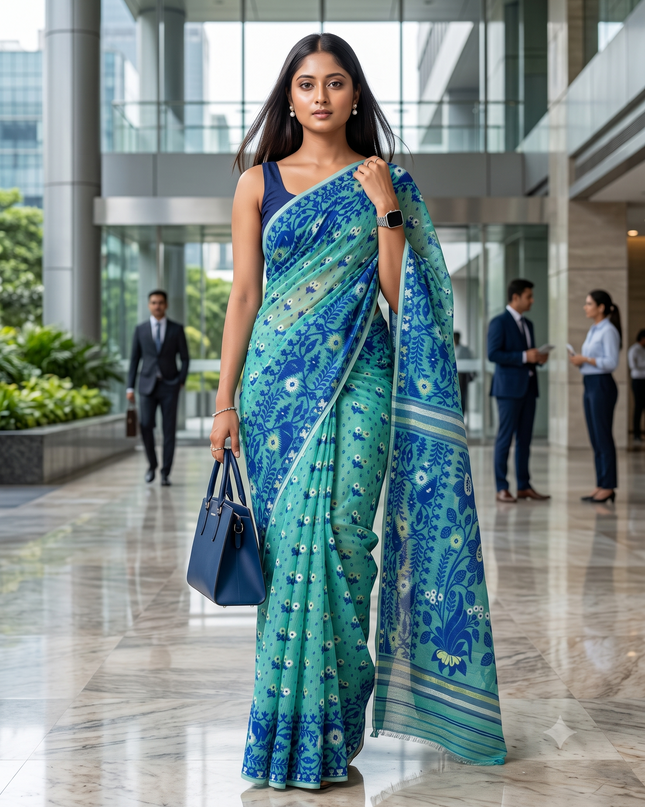 Turquoise Blue White Floral Woven Pure Cotton Jamdani Saree