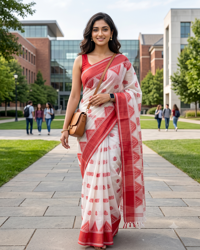 Elegant White & Red Pure Cotton Taant Saree with Paisley Woven Design Border