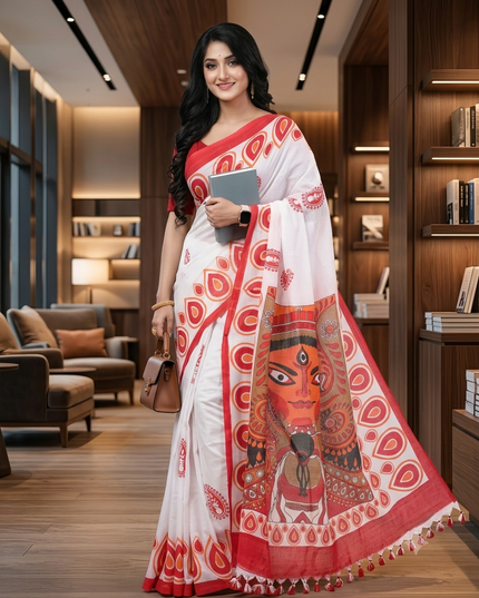 Women`s Bengal Handloom Pure Cotton Saree Dashami Sindur Khela HandPrint Design With Blouse Piece