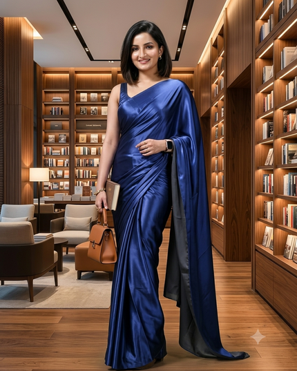 Women`s Soft Satin Silk Plain Saree for wedding, party, wear saree for women latest, design saree Satin Pure silk Crepe farewell party, wear dress Collection Plain sarees (Royal Blue)