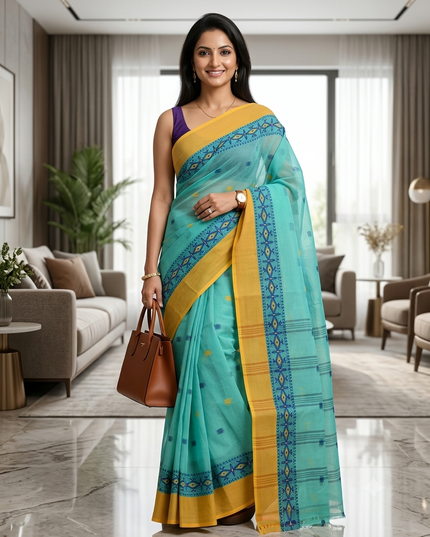Women cotton saree for woman party, wear sarees for women tant cotton handloom chiffon silk sarees for women latest, Manirekha design (Turquoise)