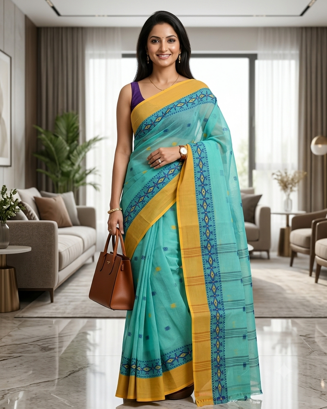 Women cotton saree for woman party, wear sarees for women tant cotton handloom chiffon silk sarees for women latest, Manirekha design (Turquoise)