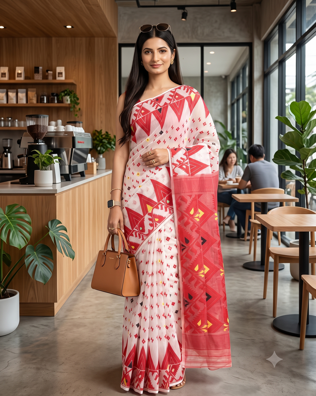 White & Red Pure Cotton Jamdani Saree