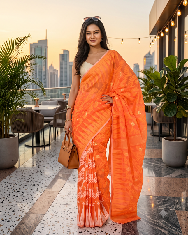 dB DESH BIDESH Women's Traditional Bengal Soft Cotton Silk Jamdani Sarees For Women Tentullata Design Cotton saree for woman Without Blouse piece | Ethnic Wear Sari (Orange White)