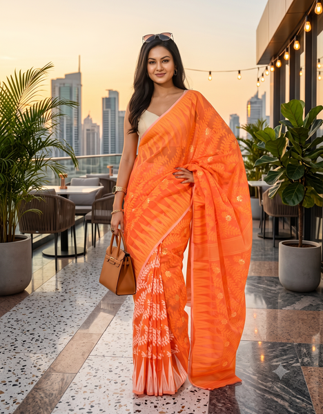 dB DESH BIDESH Women's Traditional Bengal Soft Cotton Silk Jamdani Sarees For Women Tentullata Design Cotton saree for woman Without Blouse piece | Ethnic Wear Sari (Orange White)
