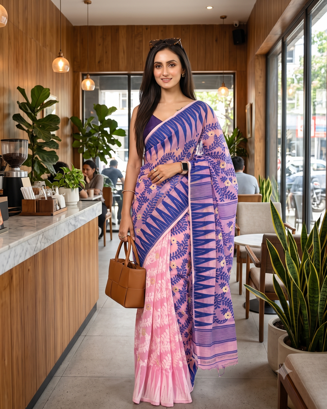 dB DESH BIDESH Women's Traditional Bengal Soft Cotton Silk Jamdani Sarees For Women Tentullata Design Cotton saree for woman Without Blouse piece | Ethnic Wear Sari (Blue Pink)