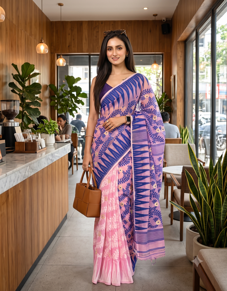 dB DESH BIDESH Women's Traditional Bengal Soft Cotton Silk Jamdani Sarees For Women Tentullata Design Cotton saree for woman Without Blouse piece | Ethnic Wear Sari (Blue Pink)