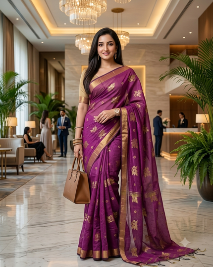 Cotton Silk Party Wear Saree Trendy Design Gulnaz Georgette Chiffon Cotton Saree (Purple)