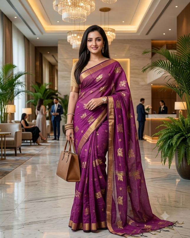 Cotton Silk Party Wear Saree Trendy Design Gulnaz Georgette Chiffon Cotton Saree (Purple)