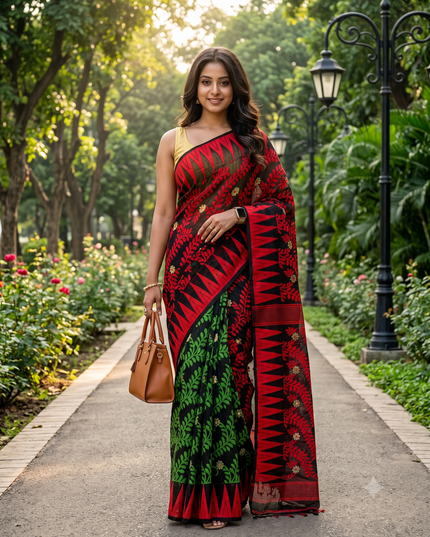 Tamarind Leaf Resham Dhakai Jamdani Bengal Pure Cotton Handloom Saree Whole Body Design without Blouse Piece