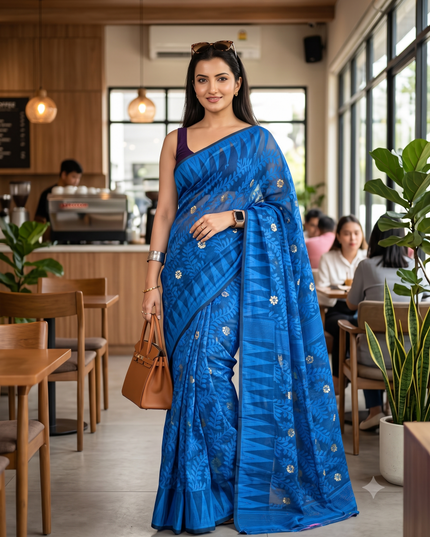 dB DESH BIDESH Women's Traditional Bengal Soft Cotton Silk Jamdani Sarees For Women Tentullata Design Cotton saree for woman Without Blouse piece | Ethnic Wear Sari (Dark Blue)