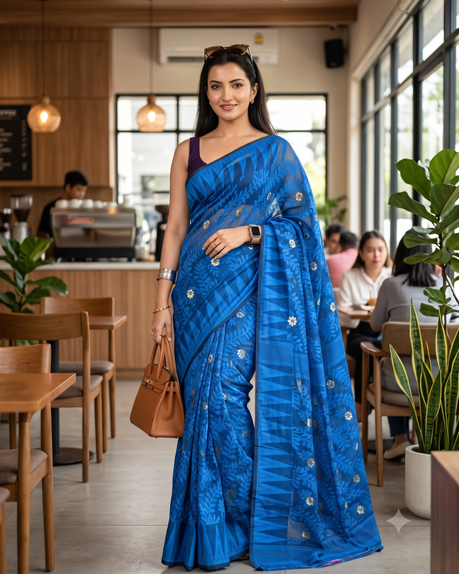dB DESH BIDESH Women's Traditional Bengal Soft Cotton Silk Jamdani Sarees For Women Tentullata Design Cotton saree for woman Without Blouse piece | Ethnic Wear Sari (Dark Blue)