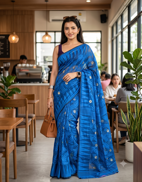 dB DESH BIDESH Women's Traditional Bengal Soft Cotton Silk Jamdani Sarees For Women Tentullata Design Cotton saree for woman Without Blouse piece | Ethnic Wear Sari (Dark Blue)