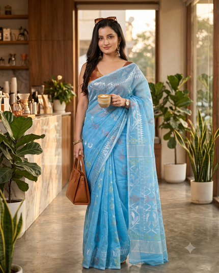 dB DESH BIDESH Women's Soft Cotton Silk Jamdani Sarees For Women for Party, Wear Linen Silk Saree Zarikatha Design Cotton saree for woman Without Blouse piece (Blue)