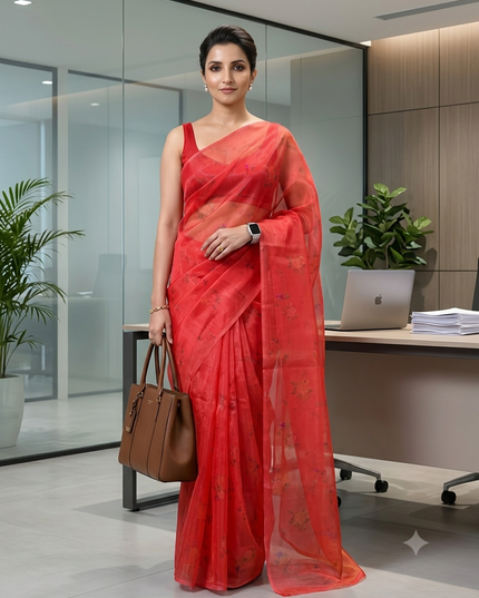Women`s Printed Organza Saree Semi-Transparent Party, Wear weddings latest, Trending Design sarees Fancy banarasi organza silk saree for Farewell Rose Pink Sarees for Women