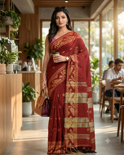 Women cotton silk tant handloom saree mysore party, wear sarees latest, design wedding, ready wear georgette chiffon saree soft silk cotton Taarini design sarees for women (Red)