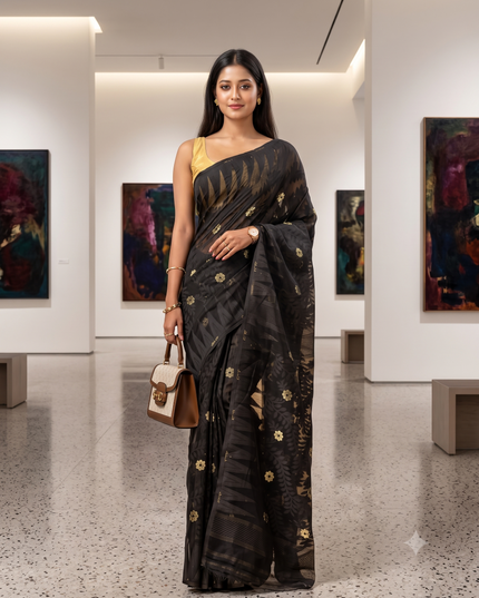 Pure Cotton Jamdani Black Gold  Saree