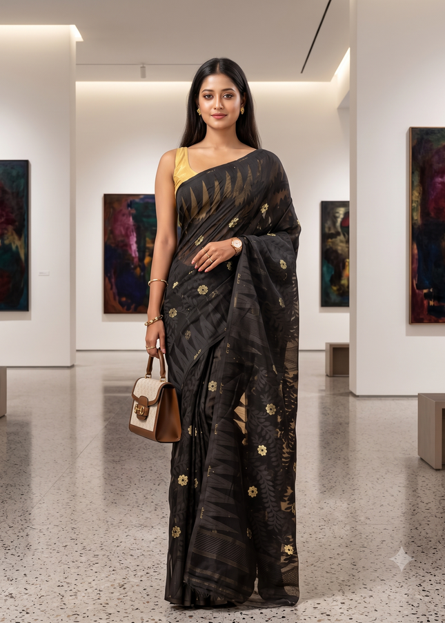 Pure Cotton Jamdani Black Gold  Saree