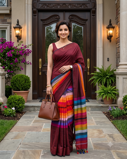 Women’s Rainbow Cotton Silk Saree for Women Latest Design Party Wear Office Wear Handloom Linen Chettinad Saree Wedding Farewell Function Wear Saree (Canbery)