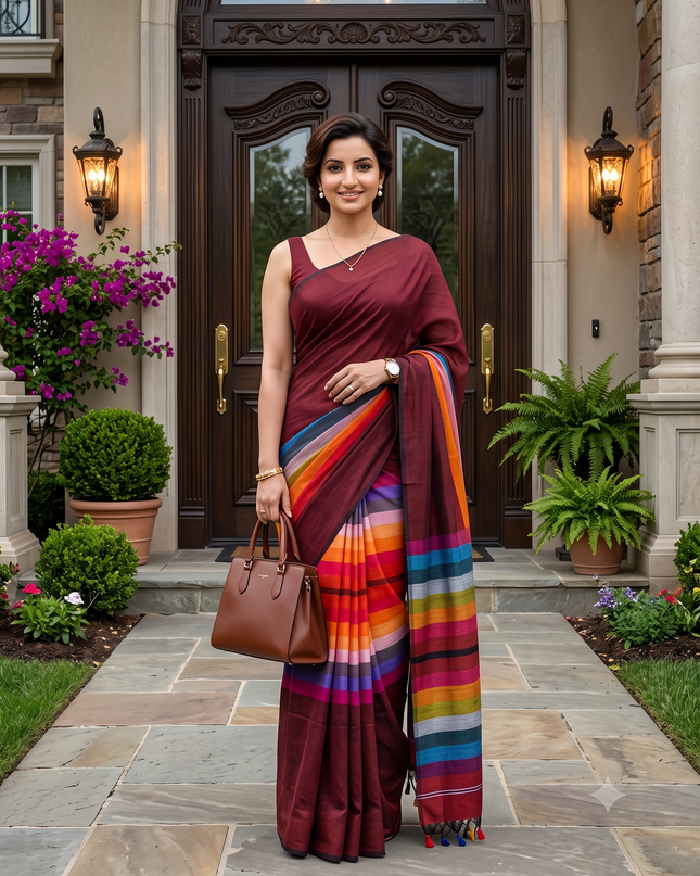 Women’s Rainbow Cotton Silk Saree for Women Latest Design Party Wear Office Wear Handloom Linen Chettinad Saree Wedding Farewell Function Wear Saree (Canbery)