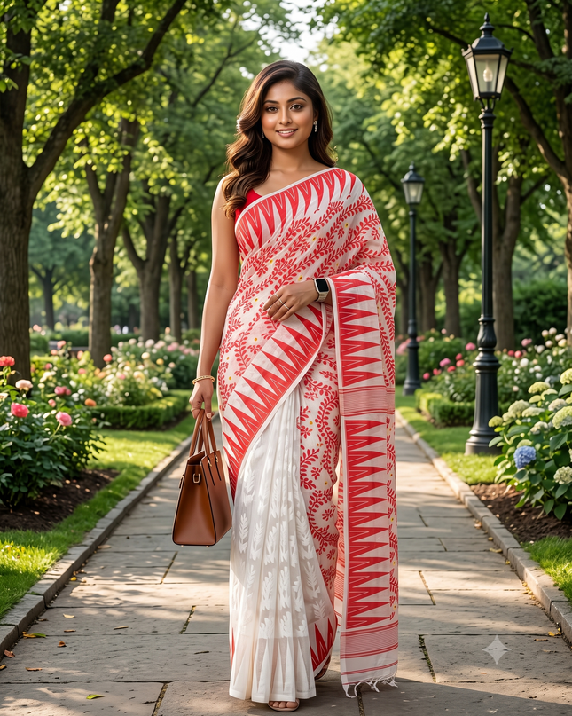 Tamarind Leaf Resham Dhakai Jamdani Bengal Pure Cotton Handloom Saree Whole Body Design without Blouse Piece