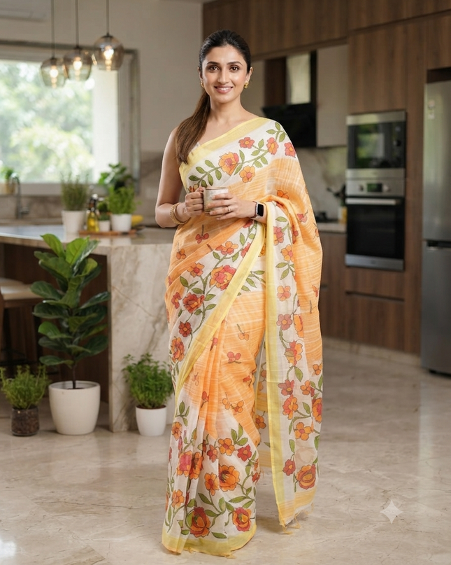 dB DESH BIDESH Women`s Cotton Saree For Woman Latest, Phoolbagan Printed Trendy Soft Cotton Silk Women Sarees with Blouse Piece (Yellow White)