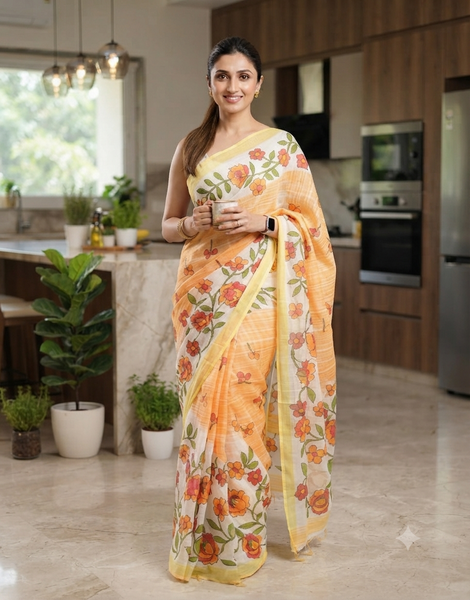 dB DESH BIDESH Women`s Cotton Saree For Woman Latest, Phoolbagan Printed Trendy Soft Cotton Silk Women Sarees with Blouse Piece (Yellow White)