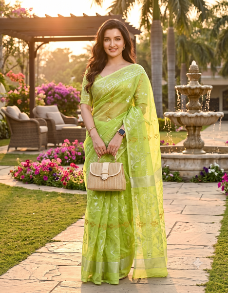 dB DESH BIDESH Women's Soft Cotton Silk Jamdani Sarees For Women for Party, Wear Linen Silk Saree Zarikatha Design Cotton saree for woman Without Blouse piece (Lemon Green)