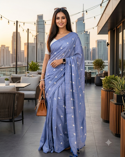 dB DESH BIDESH Women`s Cotton Sarees For Women Office Wear HeartBeat Embroidery Saree Design Soft Cotton Silk Saree With Blouse Piece (Blue)