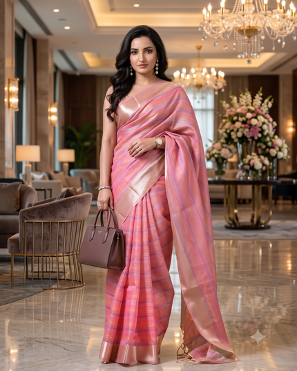 Women`s Tissue silk sarees for women latest, design organza New sari Swarnika zari Design golden Kora tissue banarasi saree for wedding party, wear sarees for Women (Pink Blue)